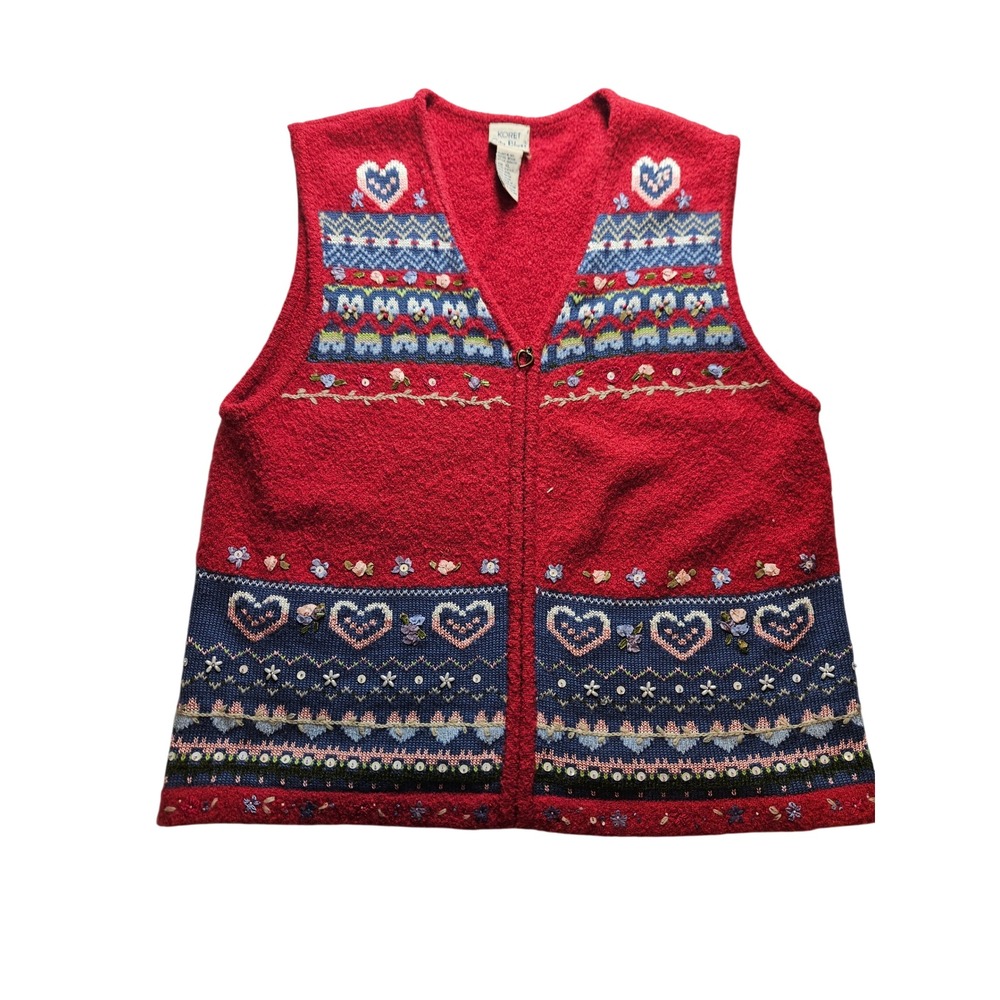 Koret City Blues Vintage Red Heart Knit Vest XL Cottagecore Floral Embroidery